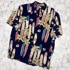 レトロアロハシャツ サーフボード柄 ネイビー L ヴィンテージ古着