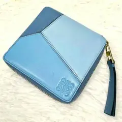 【美品✨】ロエベ 折り財布 ラウンドジップ パズル アナグラム 本革 ブルー