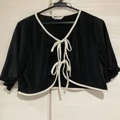リボン付きブラッククロップドカーディガン M