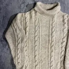 vintage ウール タートルネック ケーブル編み アランニット XL相当