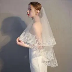 【ベールダウン】 ショートベール 2層 刺繍 レース 結婚式 ホワイト
