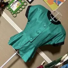 レトロ古着 緑×黒 ノーカラー 奴袖 サマージャケット ヴィンテージ 古着