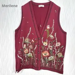 メリレン 花柄刺繍 ニットベスト ウール100% クラシカル 昭和レトロ 秋冬