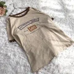 Leeリー リンガーTシャツ ベージュ 縁取りブラウン Leeプリント Lサイズ
