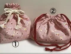 お弁当袋　巾着袋　2枚セット　ハンドメイド　入園入学　イチゴ柄　ピンク