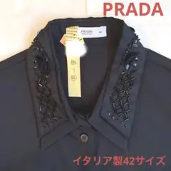 PRADAブラック綿ストレッチに黒ビーズスパンコール刺繍42サイズシャツブラウス