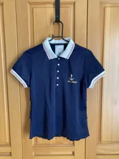 美品 JUN&ROPE マリン風バックフリルポロシャツ M ネイビー