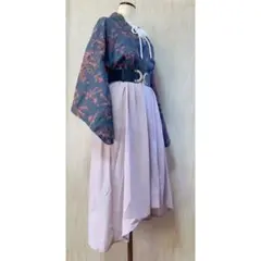 展示品　◇着物リメイク◇  ドッキングワンピース　紺色　ピンク系　ベルト付き
