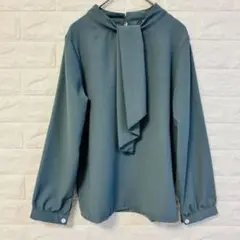 【美品】ボウタイブラウス 長袖 ブラウス ボウタイ ブルー リボン オフィス S