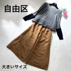 セット売り✨️大きいサイズ 自由区 ニット×バギーパンツ グレー×キャメル 46
