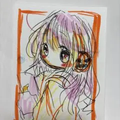 新作。手描きイラスト。ハガキサイズ。怖い表情のカボチャのヘッドホンつけてる女の子