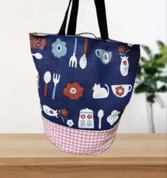 ハンドメイド☆チェックと北欧柄の丸底バケツバッグ