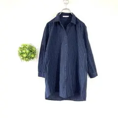 【美品】ストライプ　長袖シャツ　【Ｍ】チュニック丈 ロールアップ　薄手　春夏秋