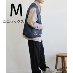 HOOK -original-　レトロ調花刺繍ｖネックデニムベスト　ユニセックス