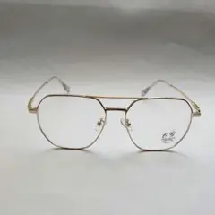 【新品】ツーブリッジ　ダブルブリッジ　多角形メガネ　メタル　ゴールド　度なし