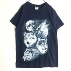 3112 オオカミ　月　アニマル　ビッグプリント　半袖　Tシャツ　紺