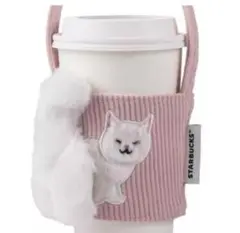スターバックス モフモフしっぽ　白ネコ ドリンクホルダー ピンク