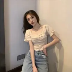 フリル　Tシャツ　 袖 シャーリング ショート丈 韓国 オルチャン 夏