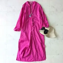 ZARA ザラ コットンリネン ワンピース 七分袖 ノーカラー　ピンク