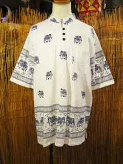 送料込み①新品＊コットン素材＊象プリント＊三つボタン＊半袖＊プルオーバー＊２ＸＬ