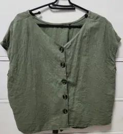 USED✨バックシャン 後ろリボン 大きめサイズ麻混フレンチスリーブ
