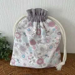 ハンドメイド＊柔らかいガーゼ素材の巾着袋＊鳥と花柄
