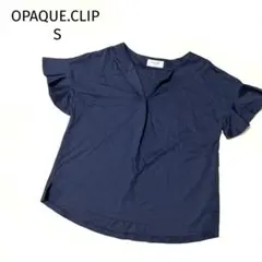 【オペークドットクリップ】レディースS 黒Vネックフリル袖 Tシャツストレッチ