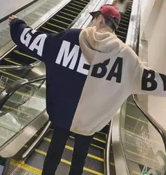 メンズ フードパーカー M 裏起毛 ゆったり バイカラー トレーナー 韓国