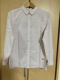 中古品☆クロコダイル レディース長袖ブラウス（Ｍ）白地にピンク系のチェック柄