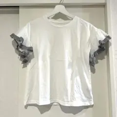 ホワイト ギンガムチェック フリル Tシャツ