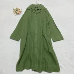 【レキップ】リネンコート ロング 比翼ボタン スキッパーカラー グリーン