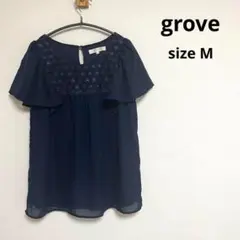 【grove】グローブ(M)シャツ　ブラウス　レース　ネイビー　フリル　薄手