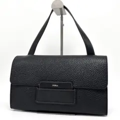 極美品 FURLA ハンドバッグ ワンショルダー ロゴ金具 シボ革 ブラック