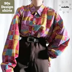 90s vintage マルチカラーレトロ長袖デザインシャツ 古着 A2379