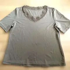 レース付きVネック 半袖Tシャツ(キャメル)