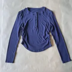 ダークブルー 長袖 ヘンリーネック Tシャツ