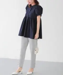 Fit more グレー スカラップ裾 パンツ