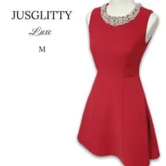 JUSGLITTY バックラウンドビジューワンピース ノースリーブ ドレス M