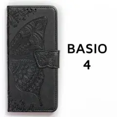 BASIO4 手帳ケース ブラック バタフライ 蝶 黒 ベイシオ4