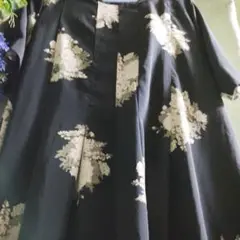 ワンピース 黒花柄 半袖 ロング L