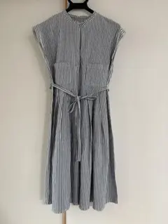 ハンドメイド ストライプ柄ノースリーブシャツワンピース