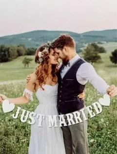1個 結婚式の装飾 Just Married レトロレターラ ブリボンバナー