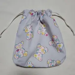 お花×クマのぬいぐるみ柄(グレー)の巾着袋