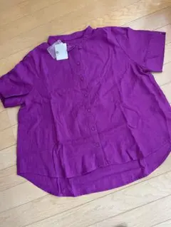 【新品タグ付き】ちび衿リネン混半袖シャツ　バンドカラー