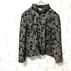 レディース　長袖　ジャケット　黒　レース　フロッキー　日本製　バラ　薔薇　M