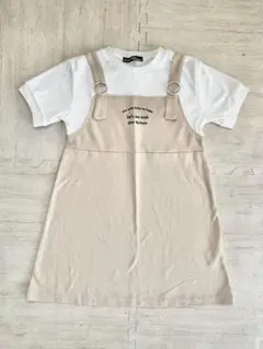 ベージュ サロペット風　ワンピース