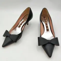 【美品】ROCHAS ブラック 黒 ポインテッドトゥ リボン付パンプス 37