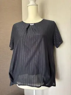 ストライプ柄 ネイビー 半袖ブラウス LLサイズ