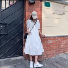 ホワイト 半袖 シャツワンピース ティアード