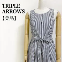 TRIPLE ARROWS◎刺繍ストライプ フレアワンピース 紺白 M 夏
